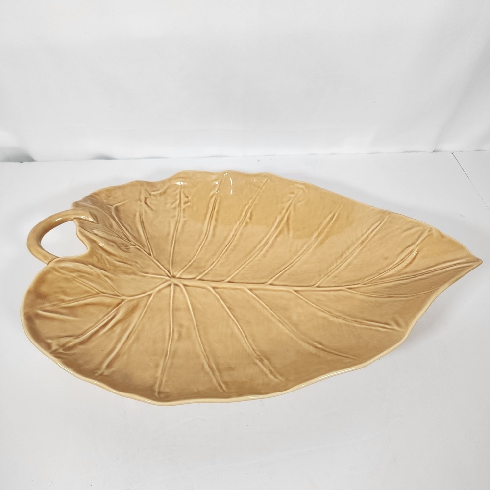 Bordallo Pinheiro Portugal 18" Beige Leaf Serving Platter Handled Tray